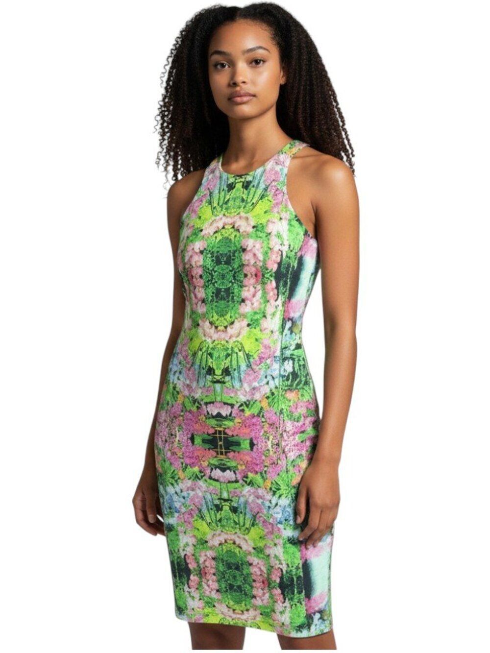 Zara Woman Cotton Floral Racerback Halter Bodycon Midi Dress Green Pink Size M